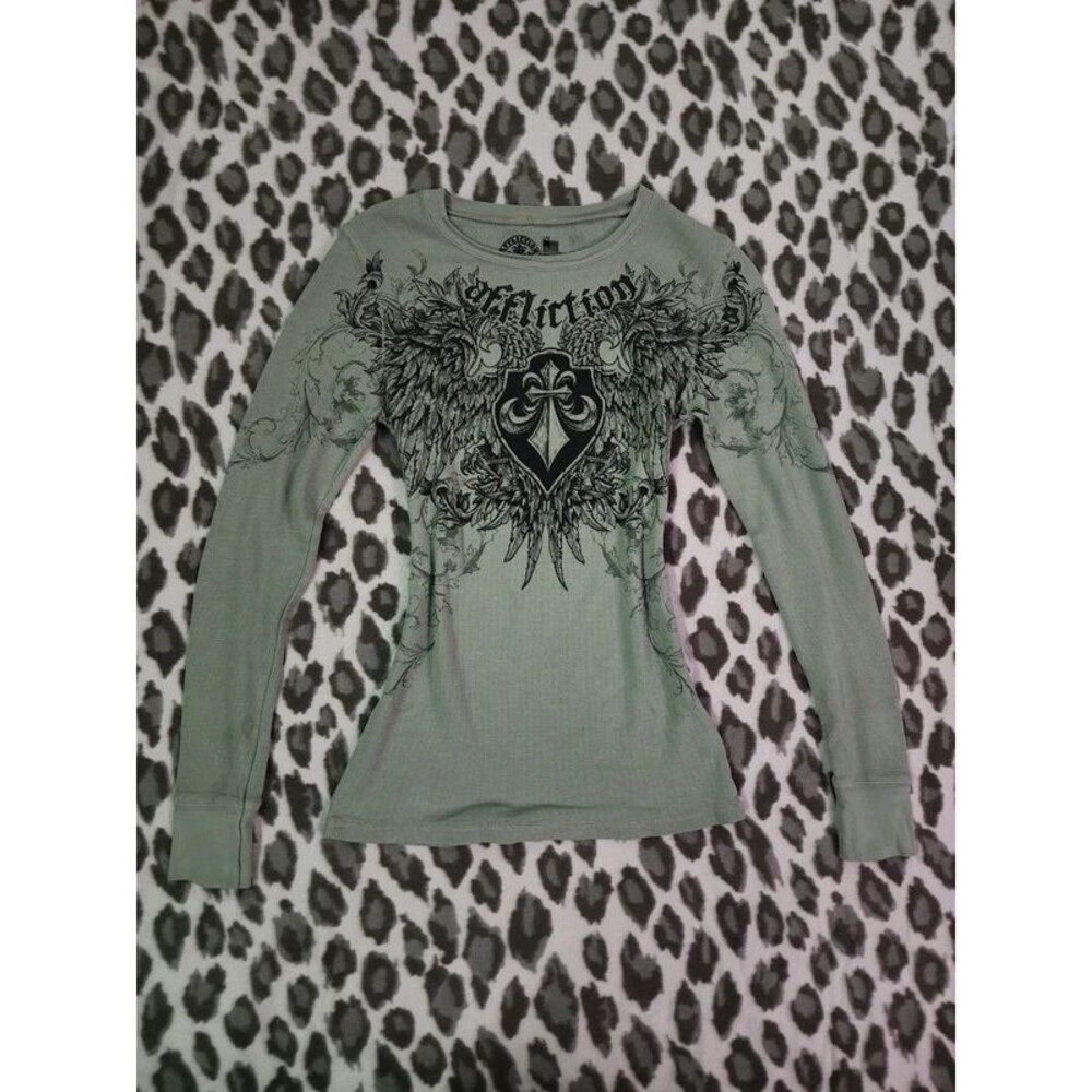 Affliction Live Fast Thermal Women's L Sage Green Gothic Wings Y2K Long Sleeve